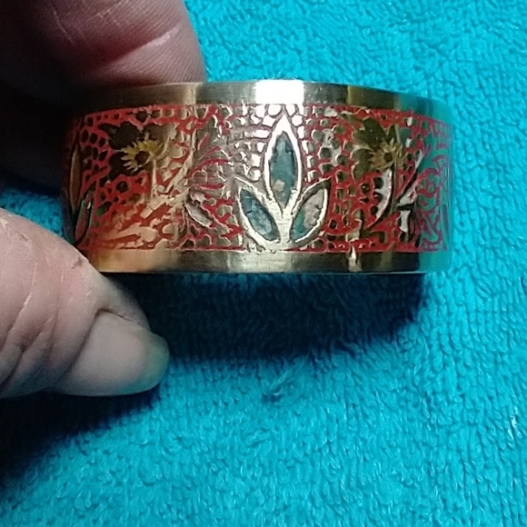 Elegant gold brass Red Green flower Floral leaf vintage cuff Bracelet smallwrist - Picture 1 of 6